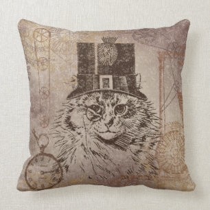 Steampunk Kitty Cat in Top Hat, Gears, Pocketwatch Kussen