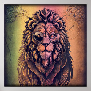 Steampunk-kleurenverloop Rustische lion Poster