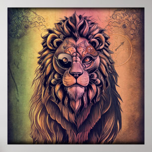 Steampunk-kleurenverloop Rustische lion Poster
