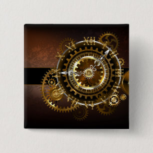 Steampunk-klok met antiek tandwiel vierkante button 5,1 cm