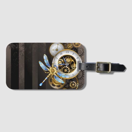 Steampunk-klok met mechanische dragonfly bagagelabel (Voorkant (horizontaal))
