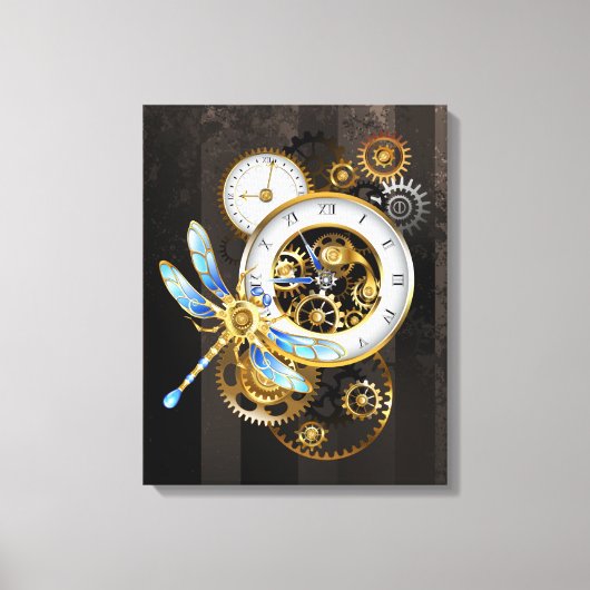 Steampunk-klok met mechanische dragonfly canvas afdruk (Voorkant)