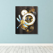 Steampunk-klok met mechanische dragonfly canvas afdruk (Insitu (Houten vloer))