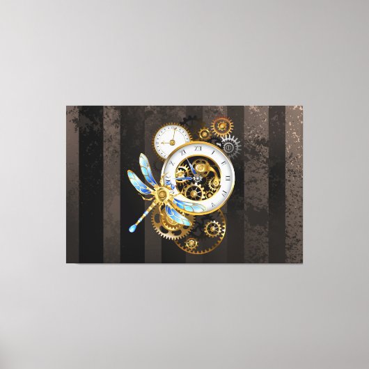 Steampunk-klok met mechanische dragonfly canvas afdruk (Voorkant)