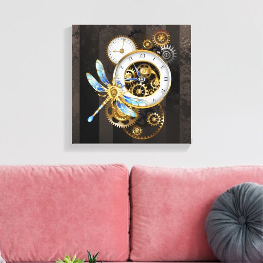 Steampunk-klok met mechanische dragonfly canvas afdruk (Insitu (Woonkamer))