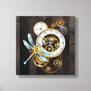 Steampunk-klok met mechanische dragonfly canvas afdruk