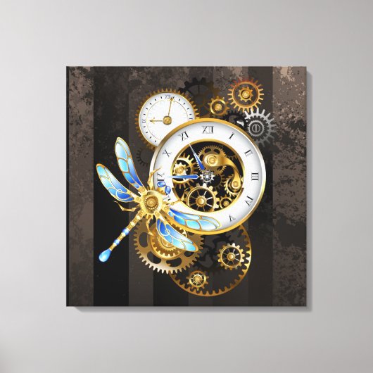 Steampunk-klok met mechanische dragonfly canvas afdruk (Voorkant)