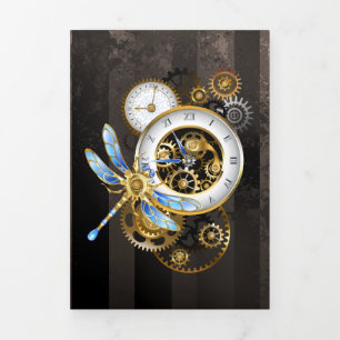 Steampunk-klok met mechanische dragonfly drieluik wenskaart