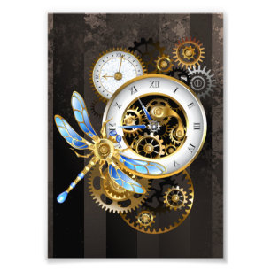 Steampunk-klok met mechanische dragonfly foto afdruk