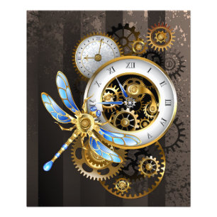 Steampunk-klok met mechanische dragonfly foto afdruk