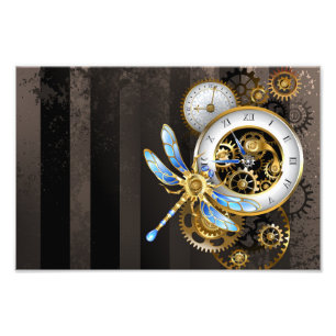 Steampunk-klok met mechanische dragonfly foto afdruk