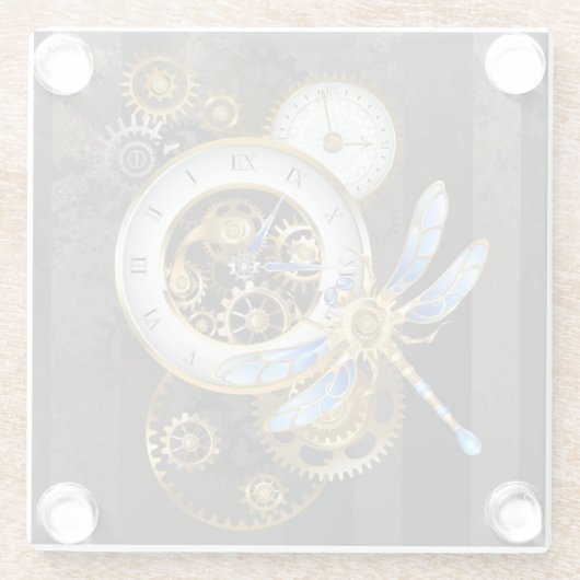 Steampunk-klok met mechanische dragonfly glazen onderzetter (Achterkant)