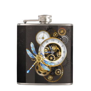 Steampunk-klok met mechanische dragonfly heupfles
