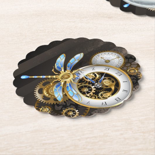 Steampunk-klok met mechanische dragonfly kartonnen onderzetters (Gekanteld)