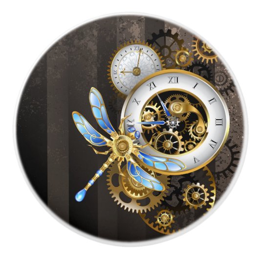 Steampunk-klok met mechanische dragonfly keramische knop (Voorkant)