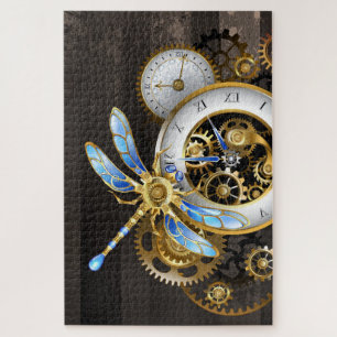 Steampunk-klok met mechanische dragonfly legpuzzel