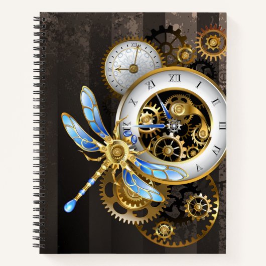 Steampunk-klok met mechanische dragonfly notitieboek (Voorkant)
