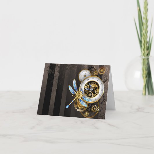 Steampunk-klok met mechanische dragonfly notitiekaartje (Voorkant)