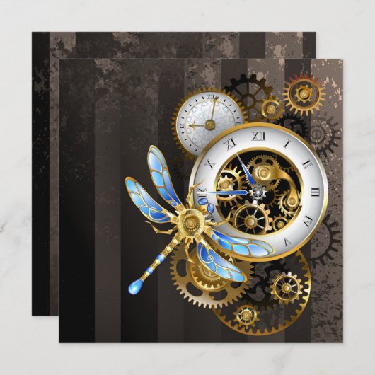 Steampunk-klok met mechanische dragonfly notitiekaartje (Voorkant / Achterkant)