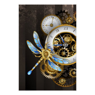Steampunk-klok met mechanische dragonfly perfect poster
