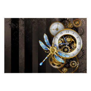 Steampunk-klok met mechanische dragonfly perfect poster