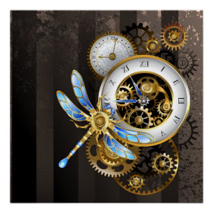 Steampunk-klok met mechanische dragonfly perfect poster
