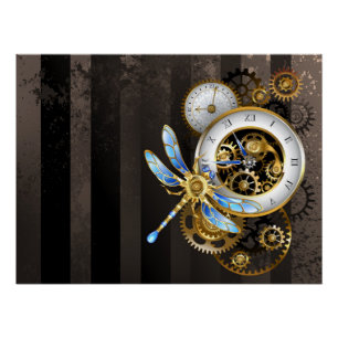 Steampunk-klok met mechanische dragonfly perfect poster