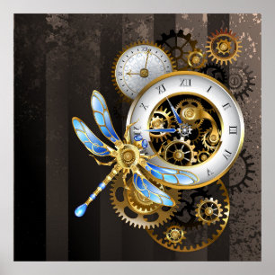 Steampunk-klok met mechanische dragonfly poster