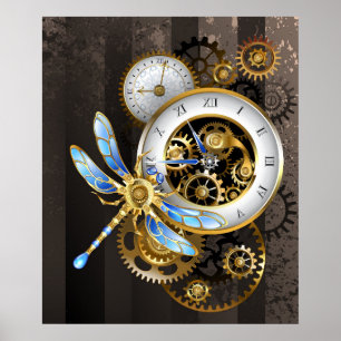 Steampunk-klok met mechanische dragonfly poster