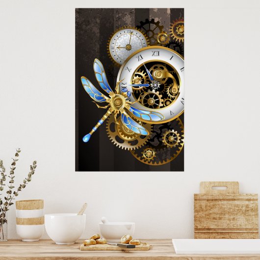 Steampunk-klok met mechanische dragonfly poster (Keuken)