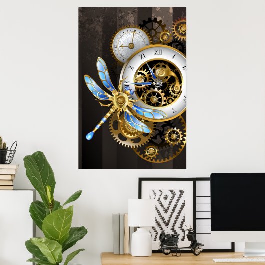 Steampunk-klok met mechanische dragonfly poster (Thuiskantoor)