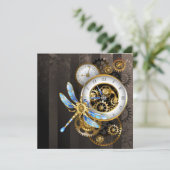 Steampunk-klok met mechanische dragonfly save the date (Staand voorkant)