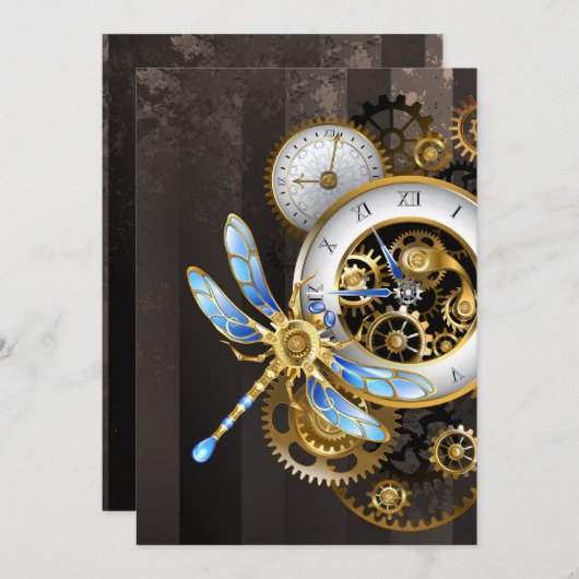 Steampunk-klok met mechanische dragonfly save the date (Voorkant / Achterkant)