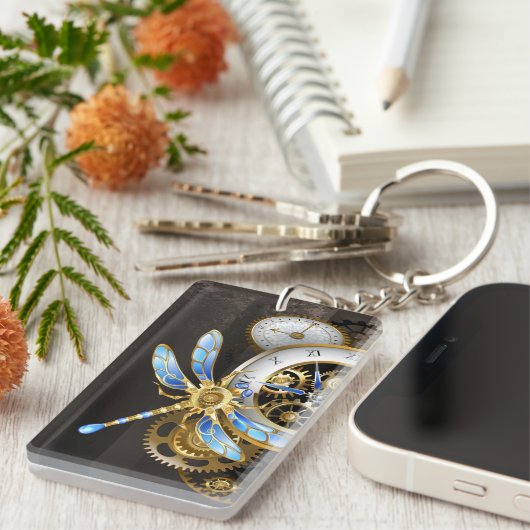 Steampunk-klok met mechanische dragonfly sleutelhanger (Voorkant Rechts)