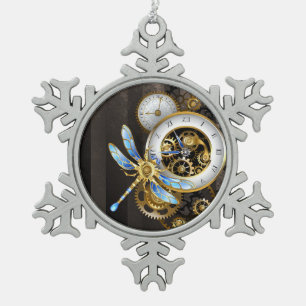 Steampunk-klok met mechanische dragonfly tin sneeuwvlok ornament