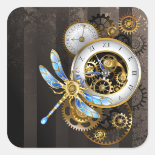 Steampunk-klok met mechanische dragonfly vierkante sticker