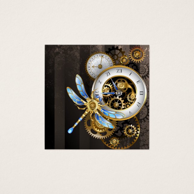 Steampunk-klok met mechanische dragonfly vierkante visitekaartjes (Voorkant)