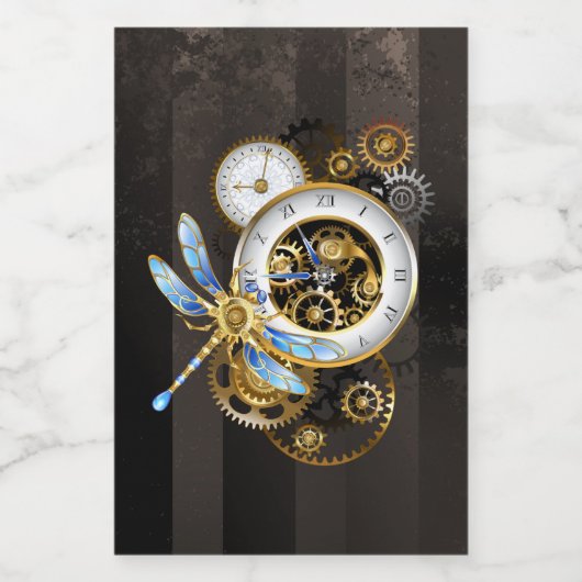 Steampunk-klok met mechanische dragonfly voedselcontainer etiket (Enkel label)