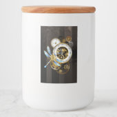 Steampunk-klok met mechanische dragonfly voedselcontainer etiket (Voorkant)