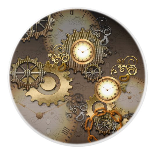 Steampunk, klokken en tandwielen, van gouden metaa keramische knop (Voorkant)