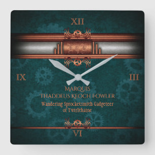 Steampunk, koper op blauwgroen cogs, Monogram Vierkante Klok