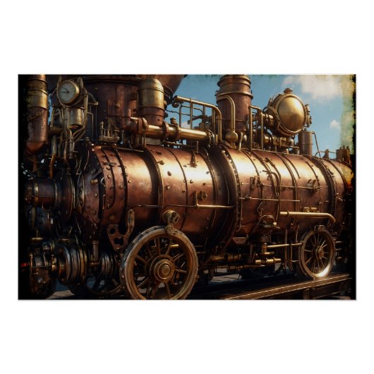 Steampunk koperen stoomtrein perfect poster (Voorkant)