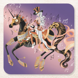 Steampunk Lady en mechanische paarden Vierkante Kartonnen Onderzetter