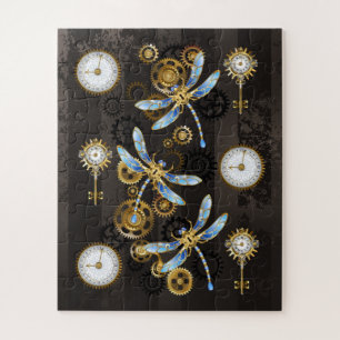 Steampunk libellen op bruine gestreepte achtergron legpuzzel