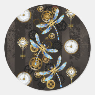 Steampunk libellen op bruine gestreepte achtergron ronde sticker