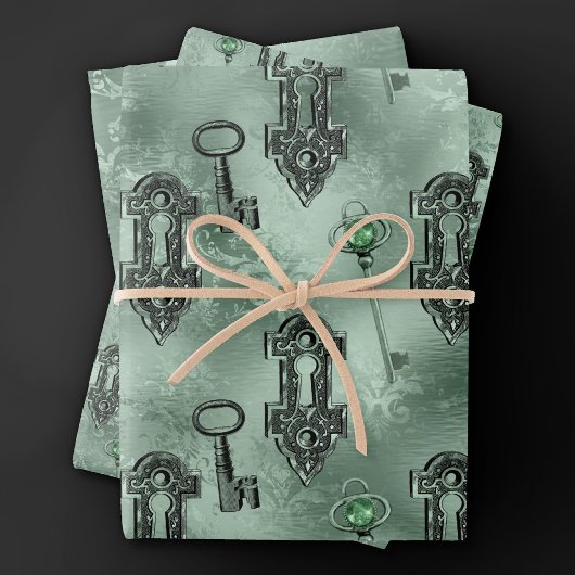 Steampunk Lock en Key Green |  ontkoppeling Inpakpapier Vel
