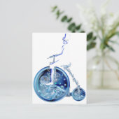 Steampunk man op penny farthing blauw wit neon briefkaart (Staand voorkant)