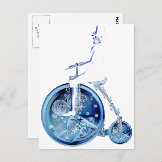 Steampunk man op penny farthing blauw wit neon briefkaart (Voorkant / Achterkant)