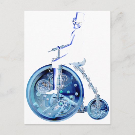 Steampunk man op penny farthing blauw wit neon briefkaart (Voorkant)