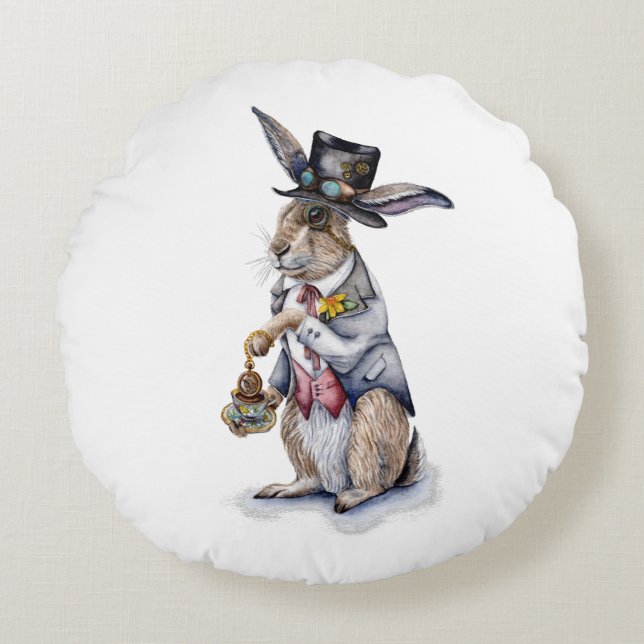 Steampunk March Hare Rond Kussen (Voorkant)